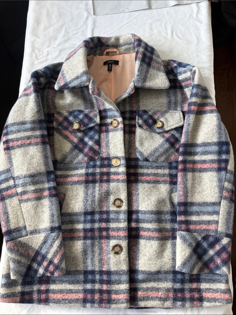Aqua Plaid Wool-Blend Utility Jacket in Cream, Navy & Pink, Size Small